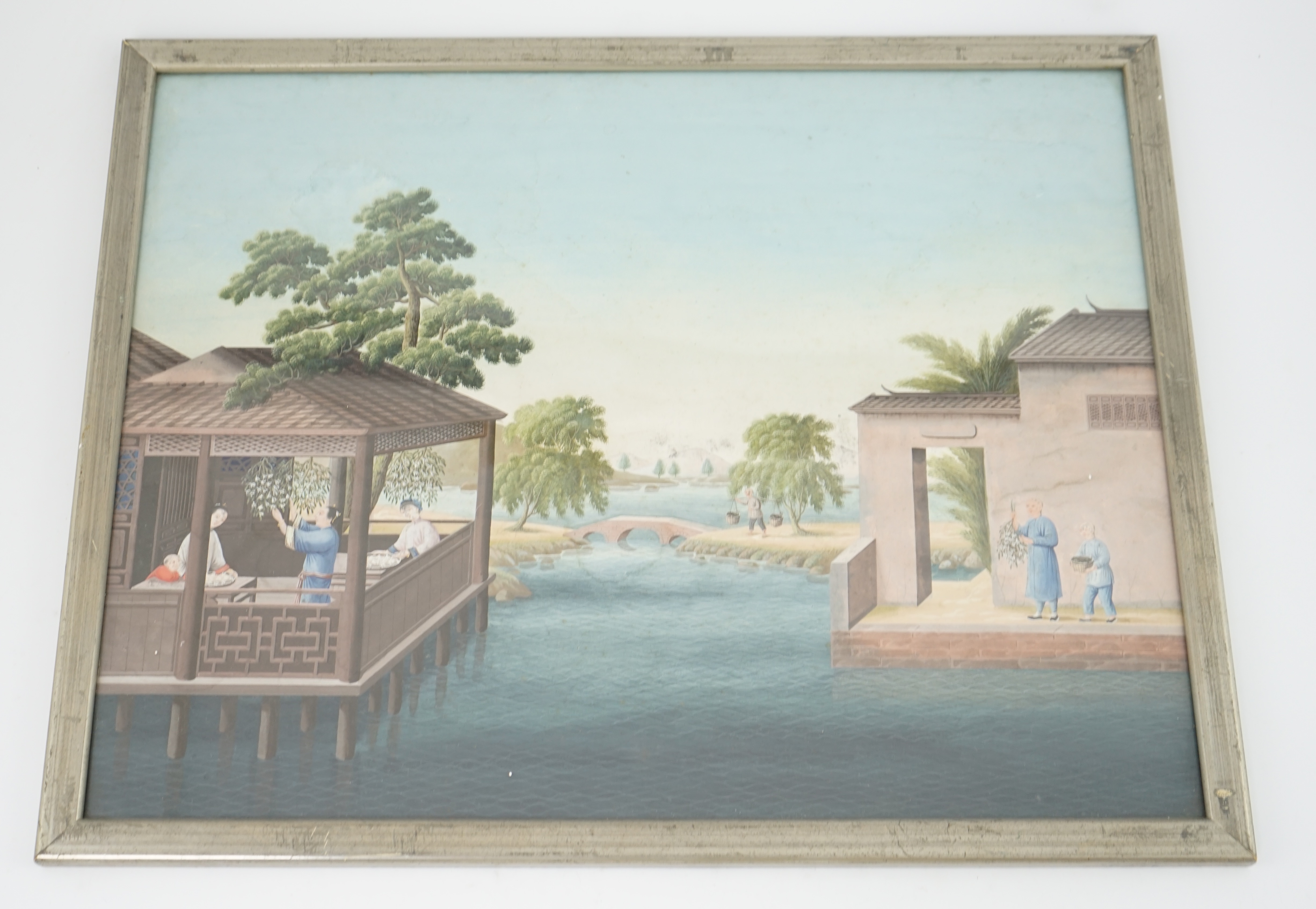 China Trade, Guangzhou School, c.1805, gouache on paper, figures in a pavilion